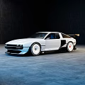 White Modified Sports Car Featuring Wide Body Rear Spoiler White Wheels In Empty Indoor Space
