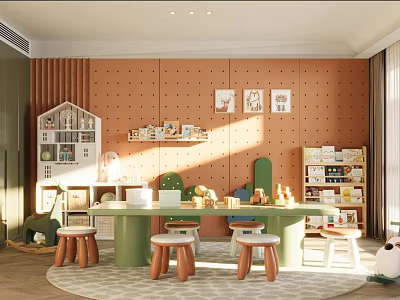 Kids Room With Orange Walls Dot Decorations Green Furniture Bookshelves Toys Round Rug And Sunlight 3d model