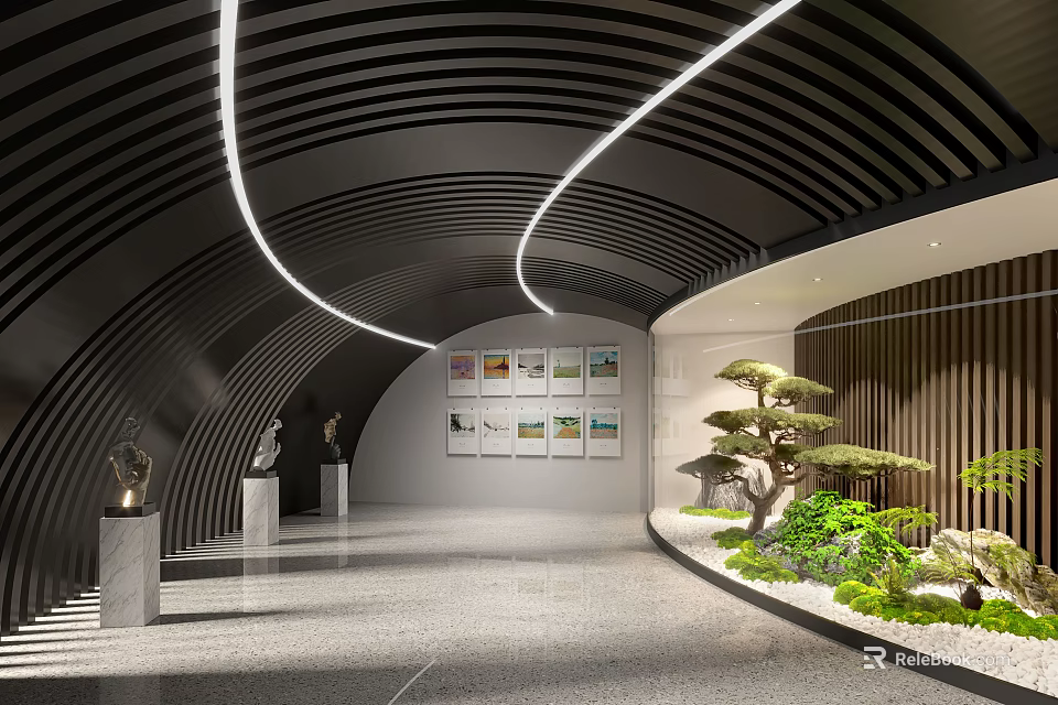 Modern Elevator Corridor Interior Design With Curved Ceiling LED Lighting Wall Art And Green Plants 3d model 