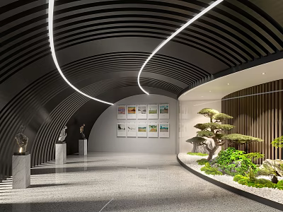 Modern Elevator Corridor Interior Design With Curved Ceiling LED Lighting Wall Art And Green Plants 3d model