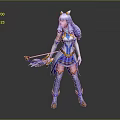3D Female Character With Blue White Outfit Purple Hair Headpiece And Bow Weapon