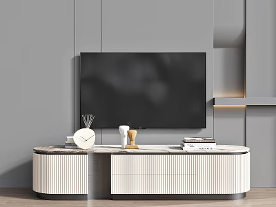 Modern Living Room TV Stand With Wall Mounted Television Decorative Clock And Books 3d model