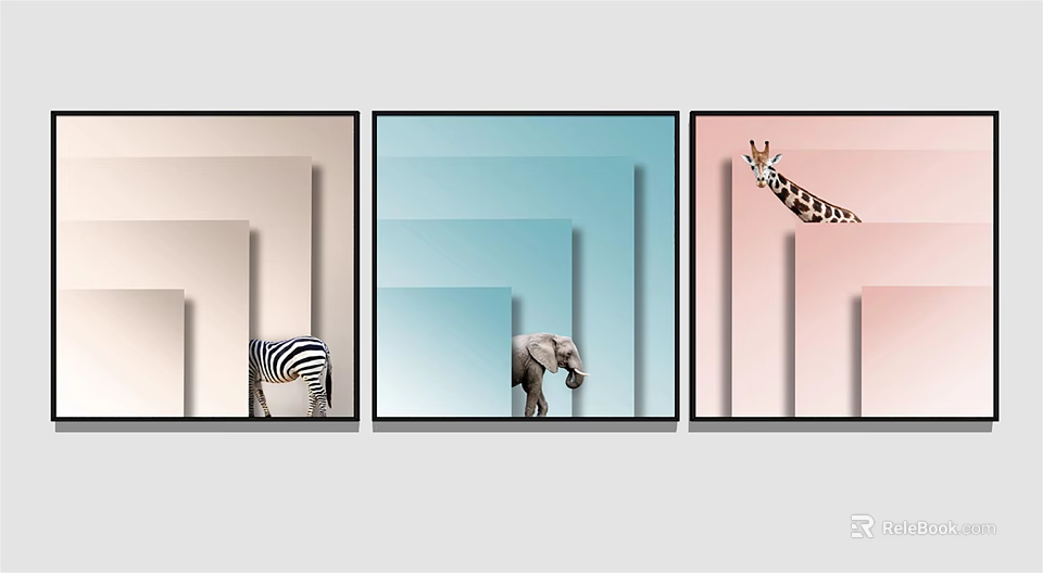 Modern Pastel Wall Art Featuring Zebra Elephant Giraffe and Geometric Shapes 3d model 