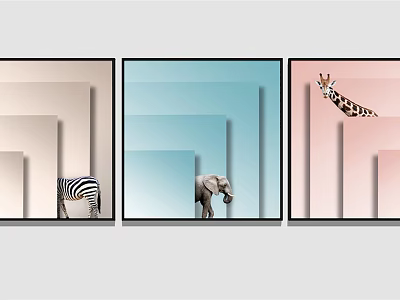 Modern Pastel Wall Art Featuring Zebra Elephant Giraffe and Geometric Shapes 3d model