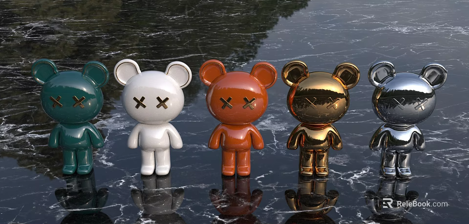 Colorful Bear Toy Figures with Crossed X Eyes on Black Marble Surface and Reflections 3d model 