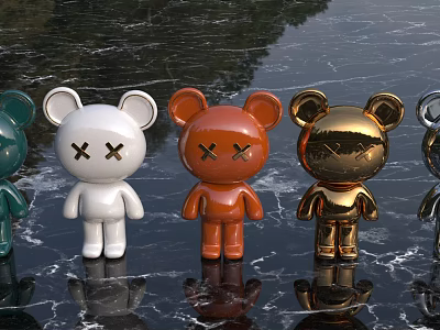 Colorful Bear Toy Figures with Crossed X Eyes on Black Marble Surface and Reflections 3d model
