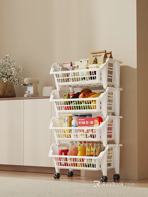 White Multi Tiered Kitchen Storage Rack With Baskets For Fruits Snacks And Beverages 3d model 