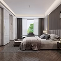 Modern Bedroom Interior With Gray Upholstered Headboard Nightstands Lamps Wall Art Window Curtains Wooden Floors