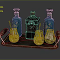 Elegant Beverage Tray Setup With Blue Black Bottles Glasses And Straws For Drink