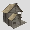 Rustic Log House Architecture With Thatch Roof Wooden Porch Ladder And Wheel Accents