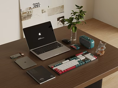 Modern Laptop Workspace With Mechanical Keyboard Wireless Mouse And Potted Plant 3d model