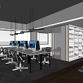 Public Office Area Featuring Long Tables Multiple Computers Ergonomic Chairs And Hanging Lights 3d model