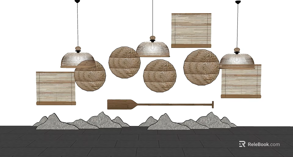Natural Style Wall Decor With Bamboo Woven Circular Rectangular Mountain Shaped And Wooden Oar Accents 3d model 
