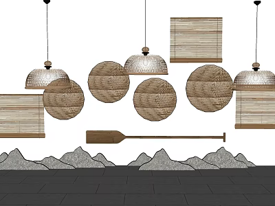 Natural Style Wall Decor With Bamboo Woven Circular Rectangular Mountain Shaped And Wooden Oar Accents 3d model