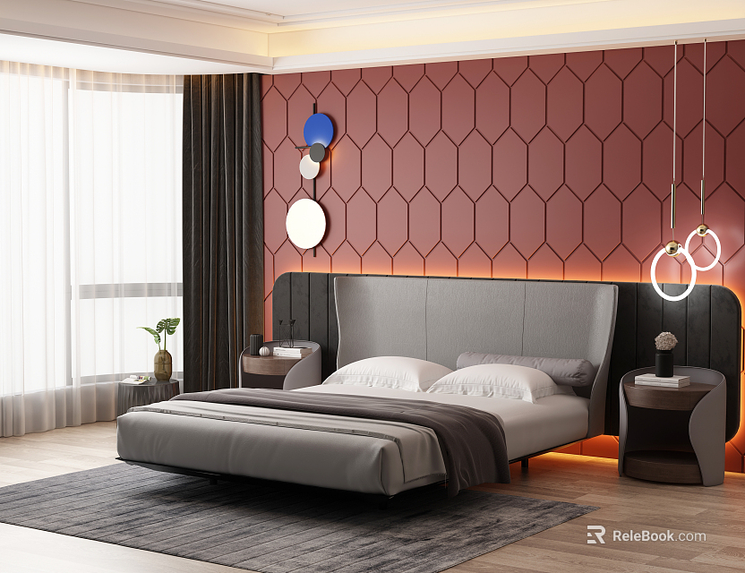 Double Bed in Modern Bedroom with Red Hexagonal Wall Grey Headboard and Hanging Lights 3d model 