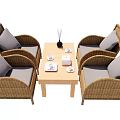 Wicker Table And Chairs Set With Gray Cushions Vase Cups And Box 3d model