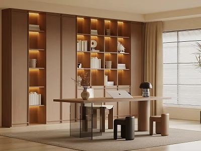 Modern Study Room With Wooden Bookshelves Books Decor Desk Laptop and Stools Near Window Blinds 3d model