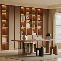 Modern Study Room With Wooden Bookshelves Books Decor Desk Laptop and Stools Near Window Blinds