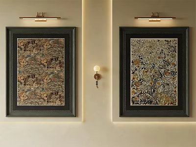 Two Framed Oil Paintings Hanging On Light Colored Wall With Wall Lamps 3d model