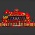 Vibrant Red Yellow Carousel With Decorative Horses Circular Railing And Colorful Rings