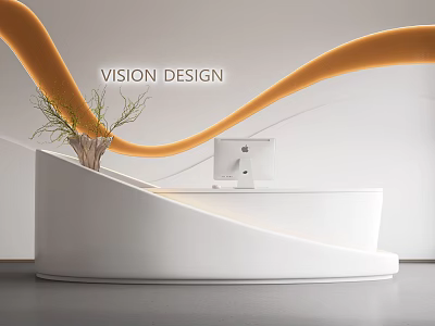 Modern White Reception Desk With Orange Wave Decor Plant And Computer Monitor 3d model