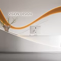 Modern White Reception Desk With Orange Wave Decor Plant And Computer Monitor