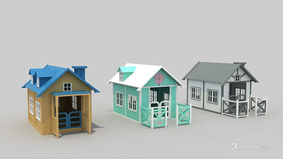 Three Wooden Houses with Different Colored Roofs Porches and Windows 3d model 
