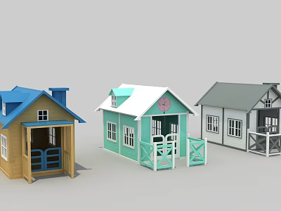 Three Wooden Houses with Different Colored Roofs Porches and Windows 3d model