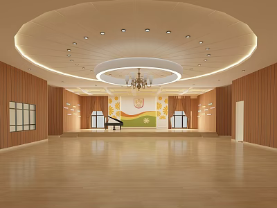 Kindergarten Activity Room Interior With Wooden Walls Flooring Piano Chandelier And Bright Lighting 3d model