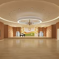 Kindergarten Activity Room Interior With Wooden Walls Flooring Piano Chandelier And Bright Lighting