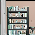 Black Layered Shelf With Books Decorations Green Plants Photo Frames And Ornaments Against Light Brown Wall