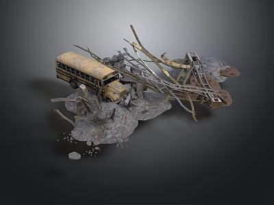 Collapsed Bridge Structure With Yellow School Bus Debris And Broken Wood 3d model