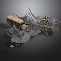 Collapsed Bridge Structure With Yellow School Bus Debris And Broken Wood