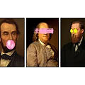 Creative Historical Figure Portraits With Pink Bubble Text Overlay And Yellow Glowing Eyes