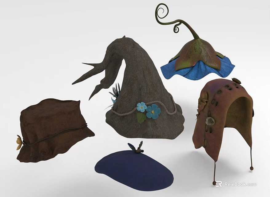 Various Fashionable Hats Collection Featuring Decorative Flowers Unique Shapes And Assorted Colors 3d model 
