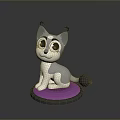 Cute Cartoon Cat Figurine With Big Eyes Gray White Fur Sitting On Purple Round Base