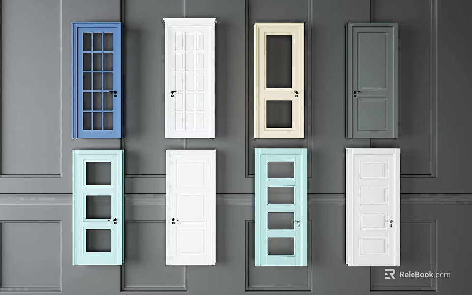 Interior Doors In Various Colors Different Styles With Glass Paneled And Paneled Designs 3d model 
