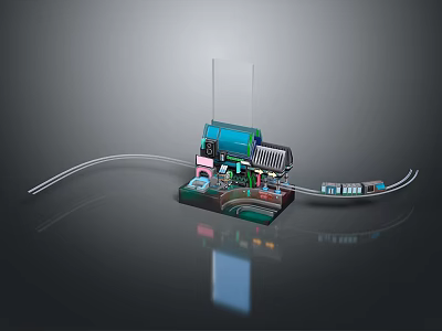 Technical Assembly Of Blue Green Mechanical Components With Circuit Board And Transparent Glass 3d model