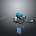 Technical Assembly Of Blue Green Mechanical Components With Circuit Board And Transparent Glass