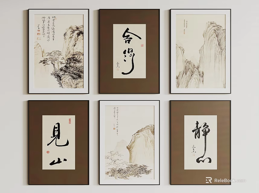 Traditional Chinese Landscape Paintings And Calligraphy Art On Wall 3d model 