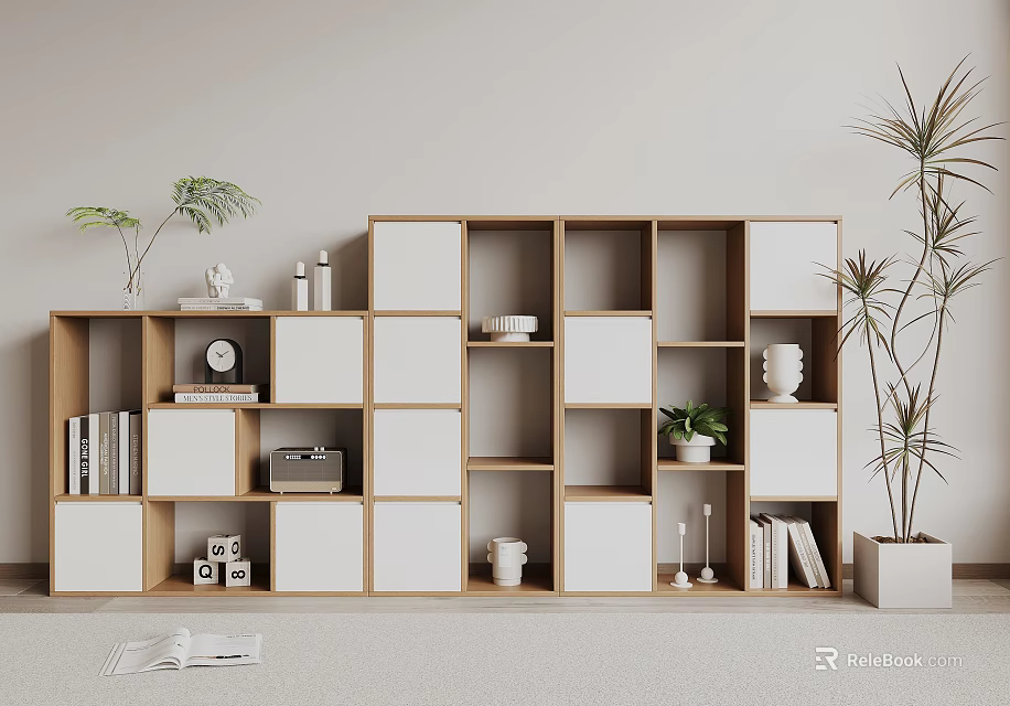Modern Cube Shelf Bookcase With Wooden White Panels Books Decorative Items and Tall Green Plant 3d model 