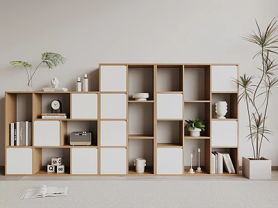 Modern Cube Shelf Bookcase With Wooden White Panels Books Decorative Items and Tall Green Plant 3d model