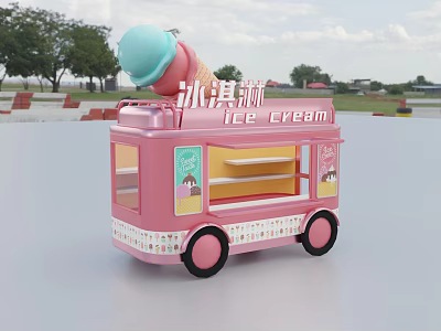 Pink Ice Cream Truck With Large Ice Cream Cone On Top And Windows 3d model
