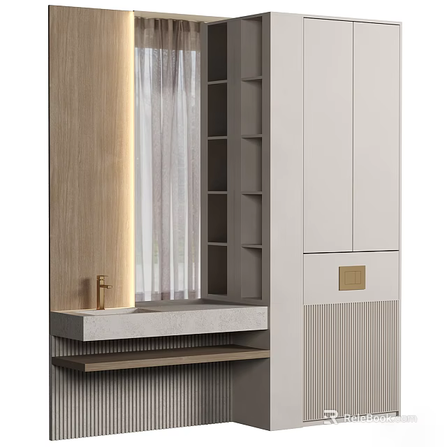 Elegant Modern Wardrobe Interior With Wooden Panels And Open Storage Shelves 3d model 