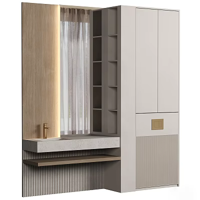 Elegant Modern Wardrobe Interior With Wooden Panels And Open Storage Shelves 3d model