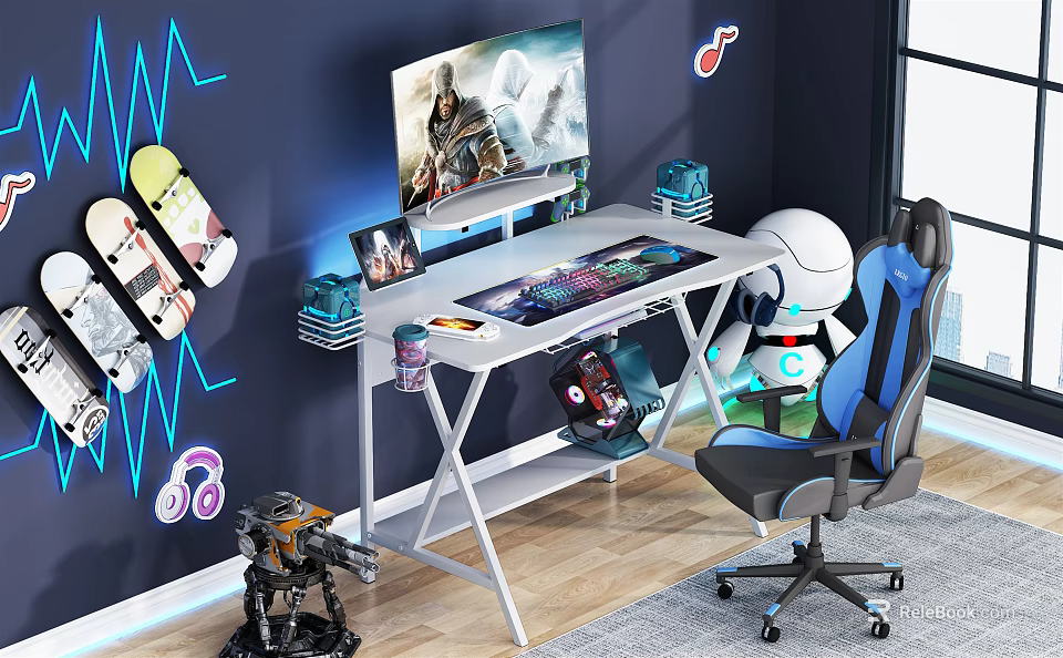 Gaming Desk Setup With Computer Monitor Gaming Screen Headphones Water Bottle And Ergonomic Chair 3d model 