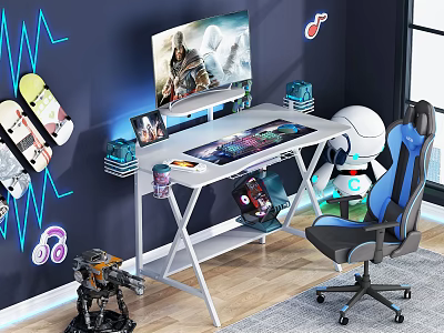 Gaming Desk Setup With Computer Monitor Gaming Screen Headphones Water Bottle And Ergonomic Chair 3d model