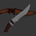 Sharp Hunting Knife With Polished Wooden Handle And Stitched Leather Sheath