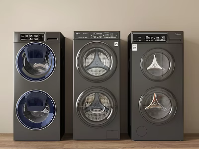 Three Modern Black Washing Machines With Different Front Panel Designs Side by Side 3d model