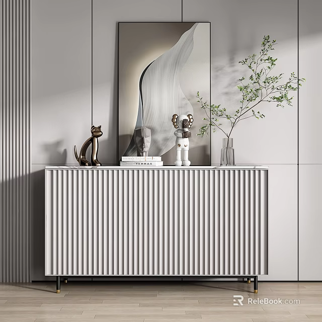 Modern Entryway Console Table Side Cabinet With Vertical Stripes Decorative Vase Green Plant And Mirror 3d model